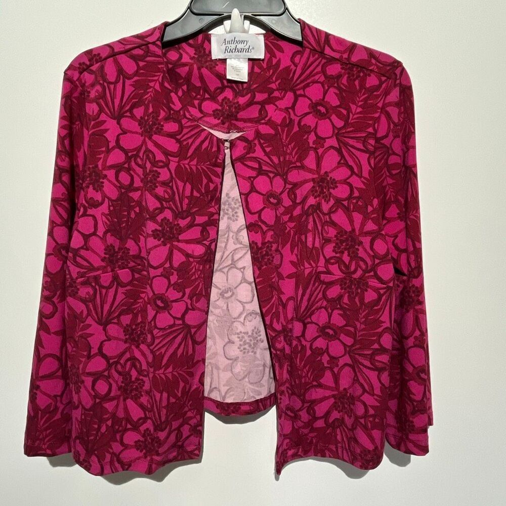 Anthony Richards Women's Pink Dark Red Floral Print Open Front Cardigan Size 12P
